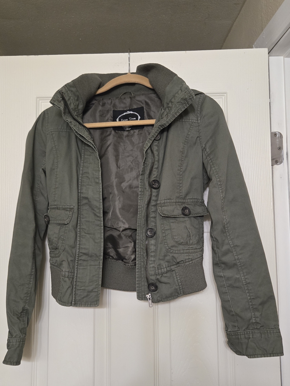 Love Tree Olive Green Utility Jacket with Button Flap Pockets. Missing Button